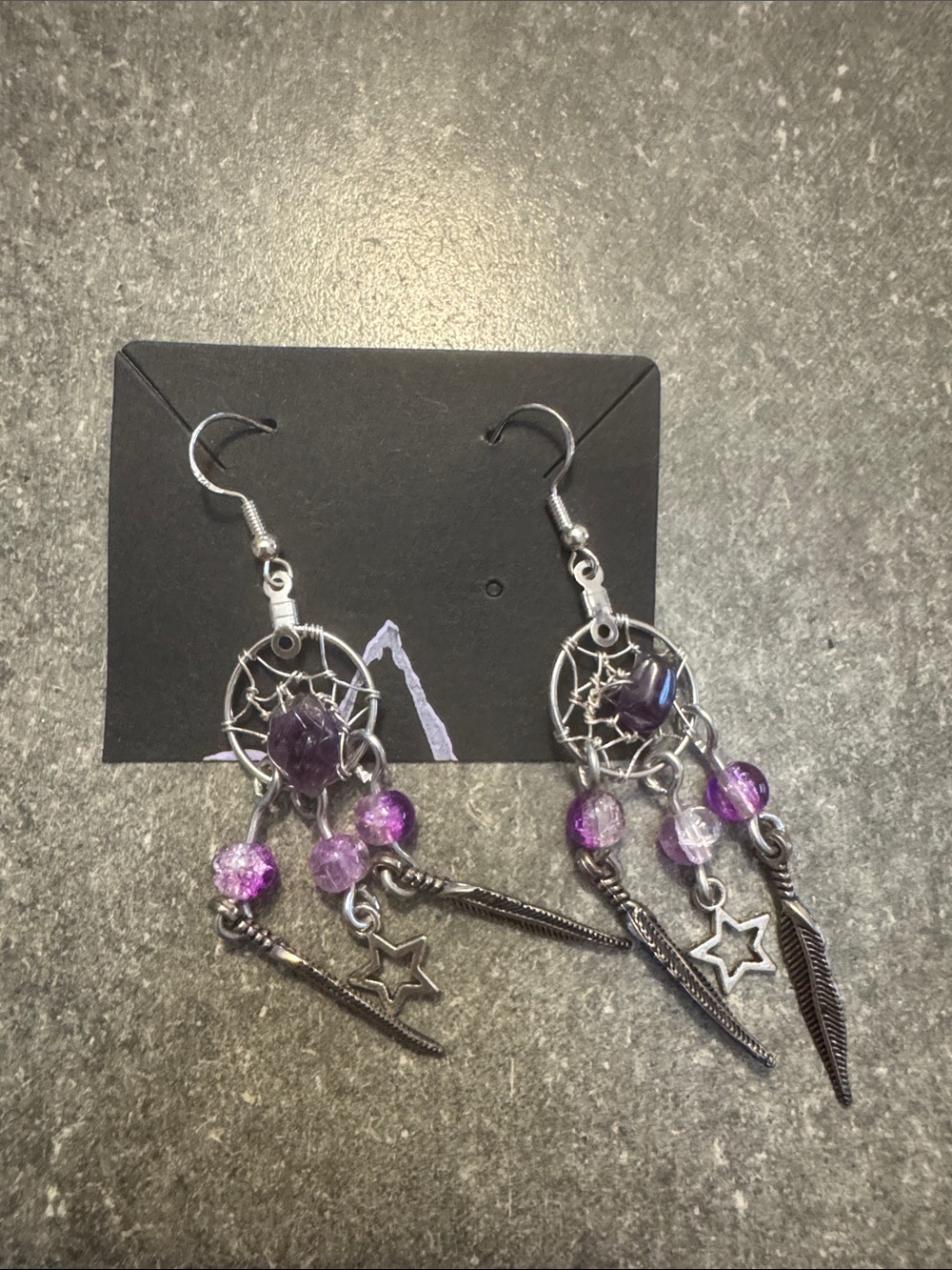 Boho Amethyst Dreamcatcher Earrings with Feather & Star Charms
